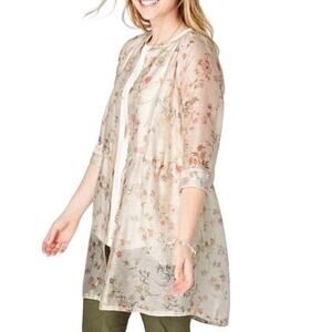 J Jill Barley Jacket  Floral Sheer Linen Blend Size L Tunic Top Long Sleeve Fall